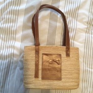 Straw Tote Bag with Leather Trim - Beige/Tan